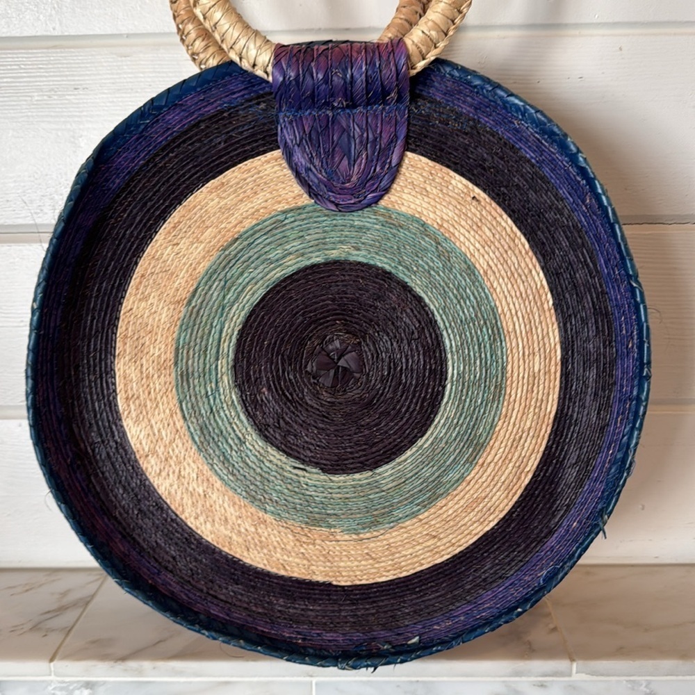 Vintage Round Natural Straw Blue & Purple Beachy Bag - Picture 3 of 14